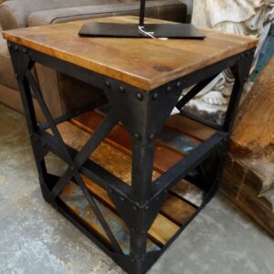 End Table Square Metal Frame with Rustic Wood Shelves End Table