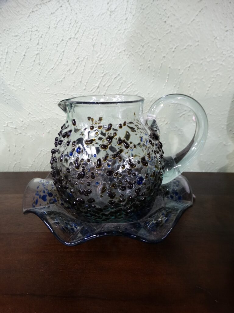 Pitcher Decorative Blue Spotted Glass Pitcher with Plate