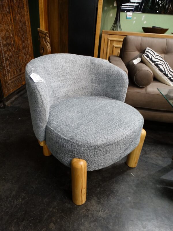 Chair Gray Plush Chair with Barreled Back And Wood Legs